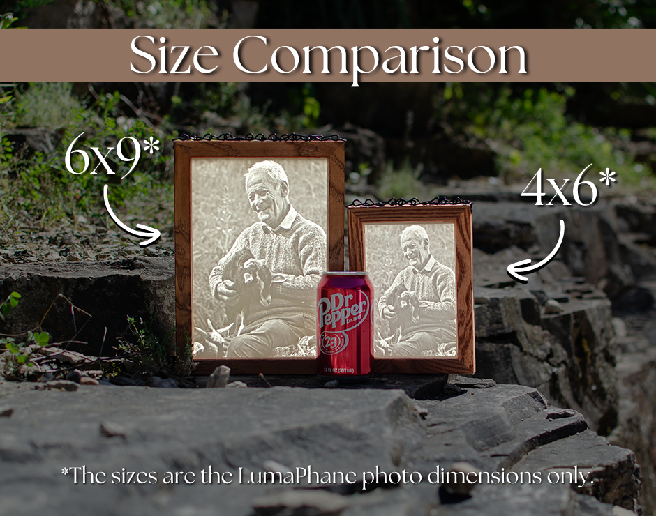 Custom lithophane in wooden frame to hang on a window size comparison. 6x9 and 4x6